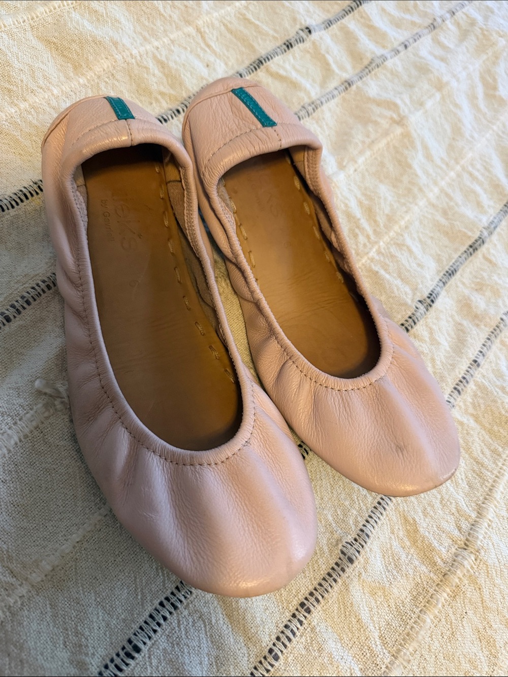 Tieks Blush Pink Leather Ballet Flats with Teal Heel Tab